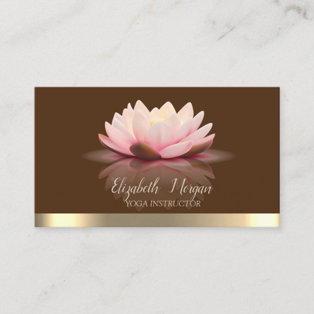 Elegant Lotus Gold Stripe Brown Yoga Instructor Business Card (Front)