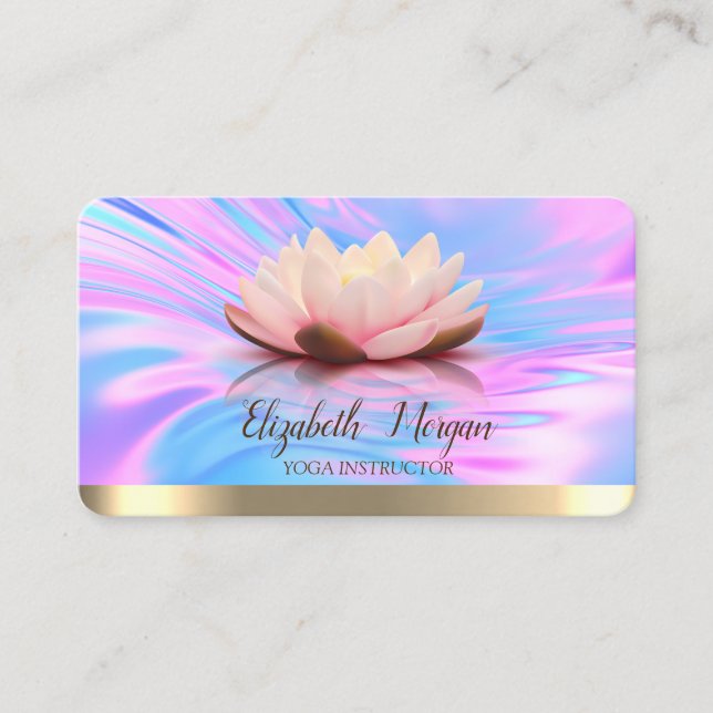 Elegant Lotus Gold Stripe Holographic Yoga  Business Card (Front)