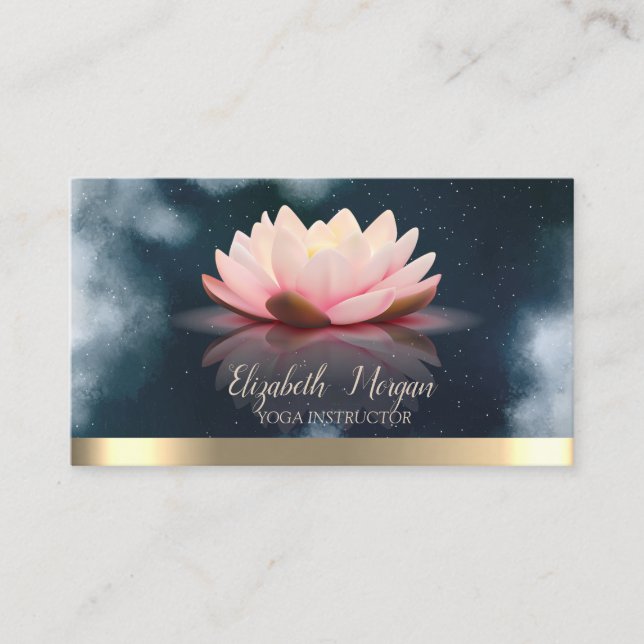 Elegant Lotus Gold Stripe Navy Blue Yoga Business Card (Front)