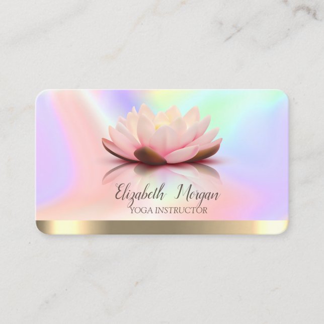 Elegant Lotus Gold Stripe Yoga Holographic Business Card (Front)