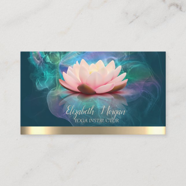 Elegant Lotus Gold Stripe Yoga Holographic Ink Business Card (Front)