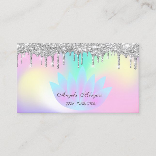 Elegant Lotus Holographic Silver Glitter Drips Business Card (Front)
