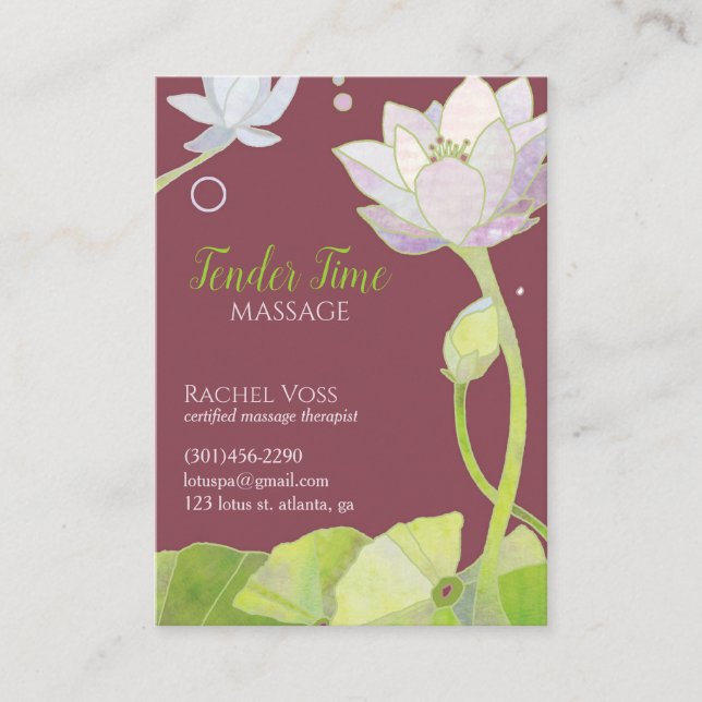 Elegant Lotus Massage Therapist Business Card (Front)