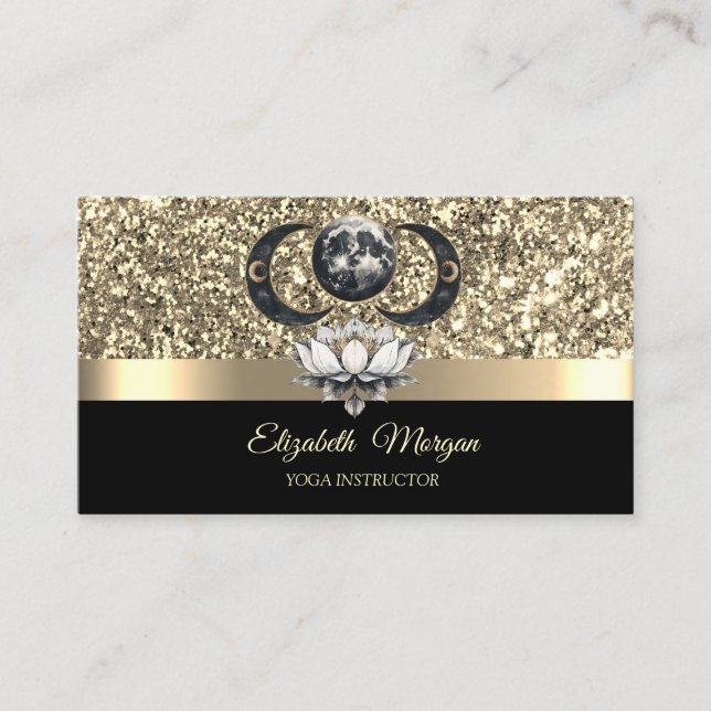 Elegant Lotus Moon Celestial Glitter Gold Yoga  Business Card (Front)