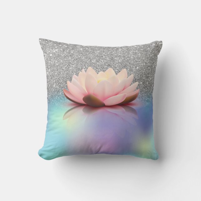 Elegant Lotus Silver Glitter Bokeh Holographic Cushion (Front)