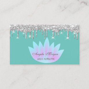 Elegant Lotus Silver Glitter Drips Mint Green Business Card