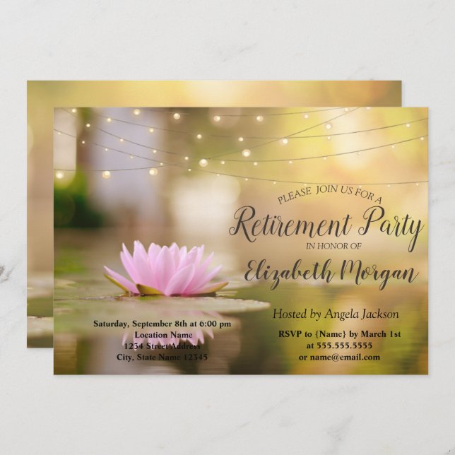 Elegant Lotus String Lights Retirement Party Invitation (Front/Back)