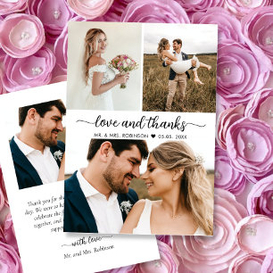 Elegant Love and Thanks 3 Photo Collage Wedding Thank You Card