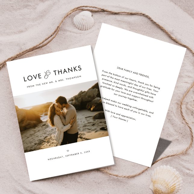 Elegant Love and Thanks Beach Sunset Photo Wedding Thank You Card (Creator Uploaded)