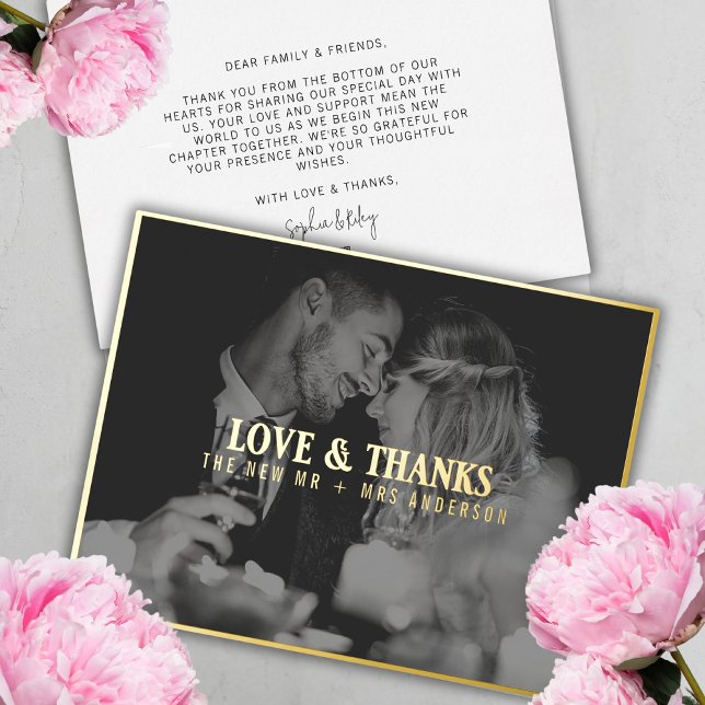Elegant Love and Thanks Photo Thank You Wedding  Foil Holiday Card (Creator Uploaded)