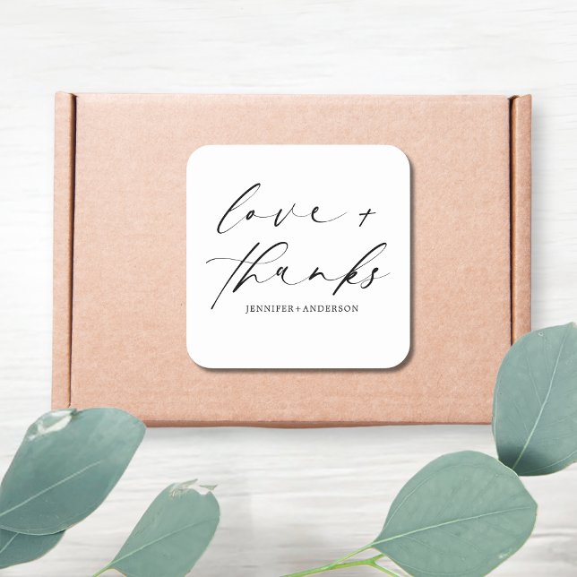 Elegant Love and Thanks Script Black White Wedding Square Sticker (Creator Uploaded)