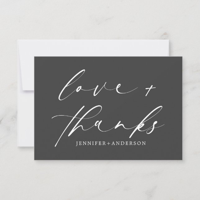 Elegant Love and Thanks Script Black White Wedding Thank You Card (Front)