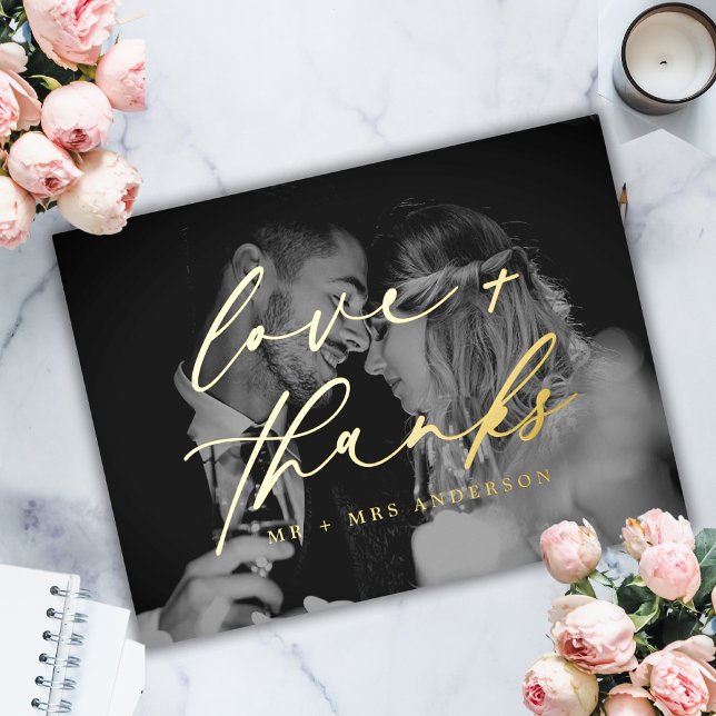 Elegant Love and Thanks Script Wedding Photo  Foil Holiday Postcard (Creator Uploaded)