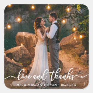 Elegant Love and Thanks Script   Wedding Photo Square Sticker