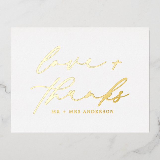 Elegant Love and Thanks Script Wedding White Gold  Foil Holiday Postcard (Front)
