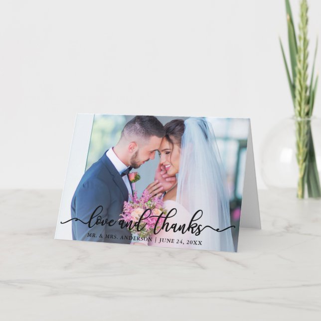 Elegant Love and Thanks Wedding Photo Blk Fold Thank You Card (Front)