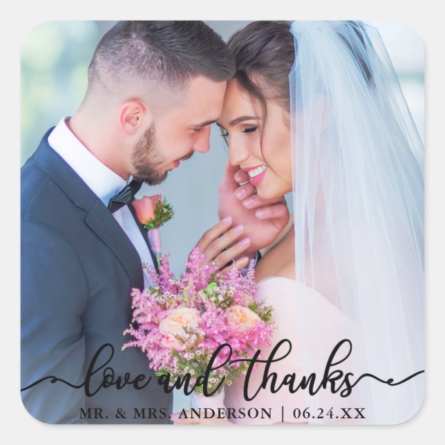 Elegant Love and Thanks Wedding Photo Blk Square Sticker (Front)