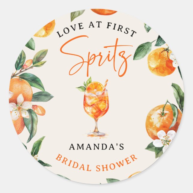Elegant Love at First Spritz' Bridal Shower  Classic Round Sticker (Front)