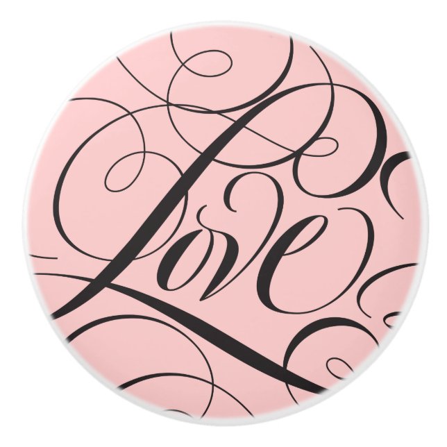 Elegant LOVE Calligraphy Script Paris Pink Black Ceramic Knob (Front)