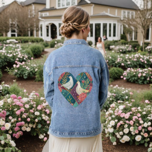 Elegant Love Doves Pink Floral & Gold Geometric Denim Jacket