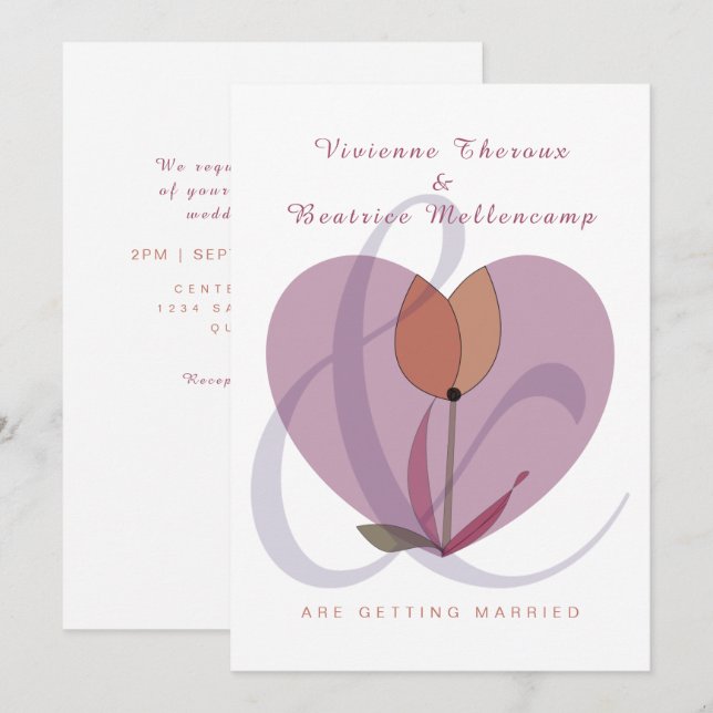 Elegant love heart lesbian wedding invitation (Front/Back)
