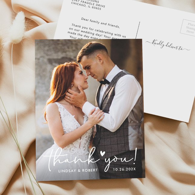 Elegant Love Heart Script Wedding Photo Thank You Postcard (Creator Uploaded)