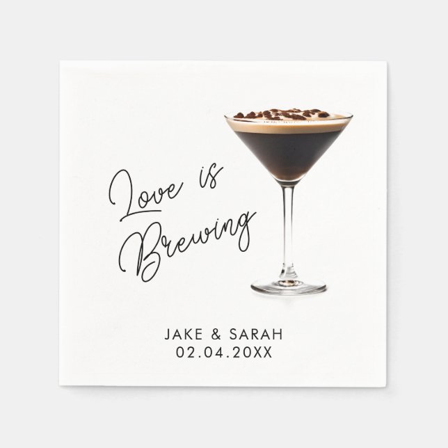 Elegant "Love is Brewing" Espresso Martini Theme Napkin (Front)
