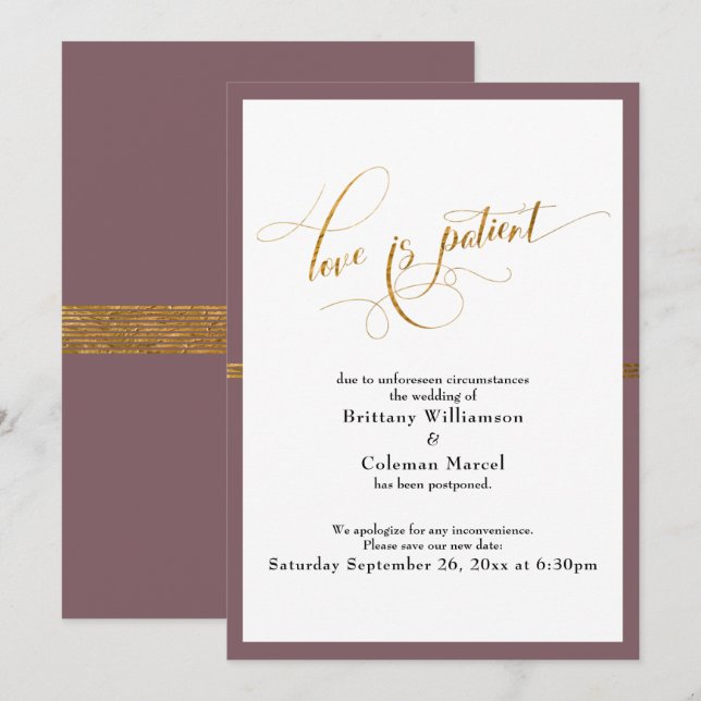 Elegant Love is Patient Mauve Gold Stripe Card (Front/Back)