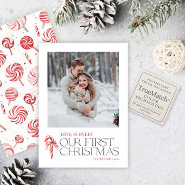 Elegant Love Is Sweet First Christmas Red Photo Holiday Card