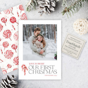 Elegant Love Is Sweet First Christmas Red Photo Holiday Card