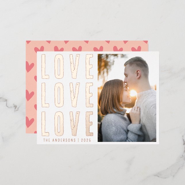 Elegant Love Love Love Valentine's Family Photo Foil Holiday Postcard (Front/Back)