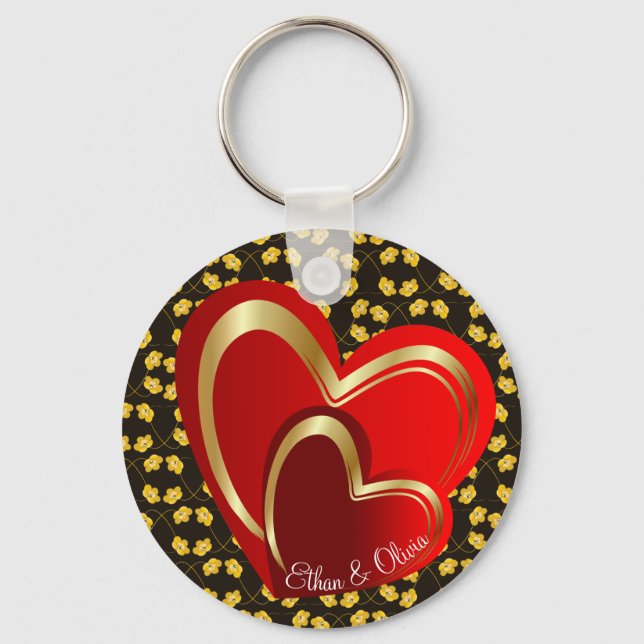 Elegant Love Red Hearts Personalized Wedding  Key Ring (Front)