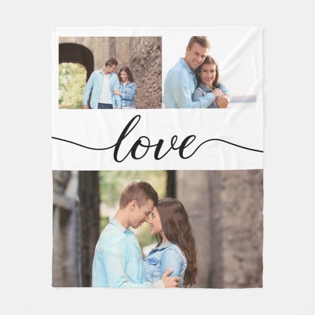 Elegant love script couple photo collage fleece blanket (Front)