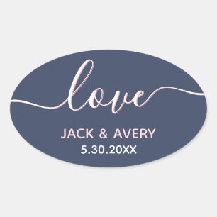 Elegant Love Script Navy & Blush White Wedding Oval Sticker