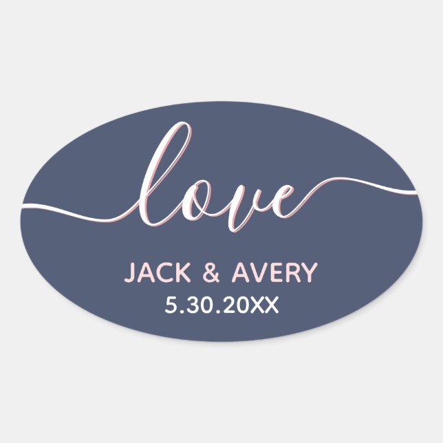 Elegant Love Script Navy & Blush White Wedding Oval Sticker (Front)