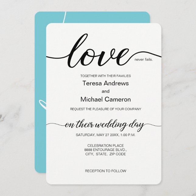 Elegant Love script teal black and white Invitation (Front/Back)