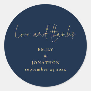 Elegant Love Thanks Script Navy Gold Wedding Classic Round Sticker