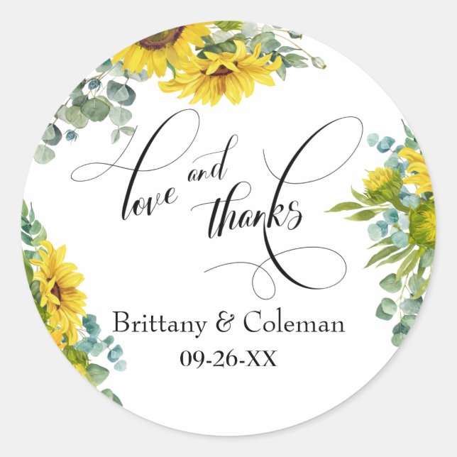 Elegant Love & Thanks with Sunflower Eucalyptus Classic Round Sticker (Front)
