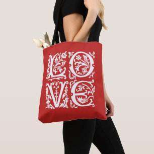 Elegant Love White on Red Word Art Tote Bag