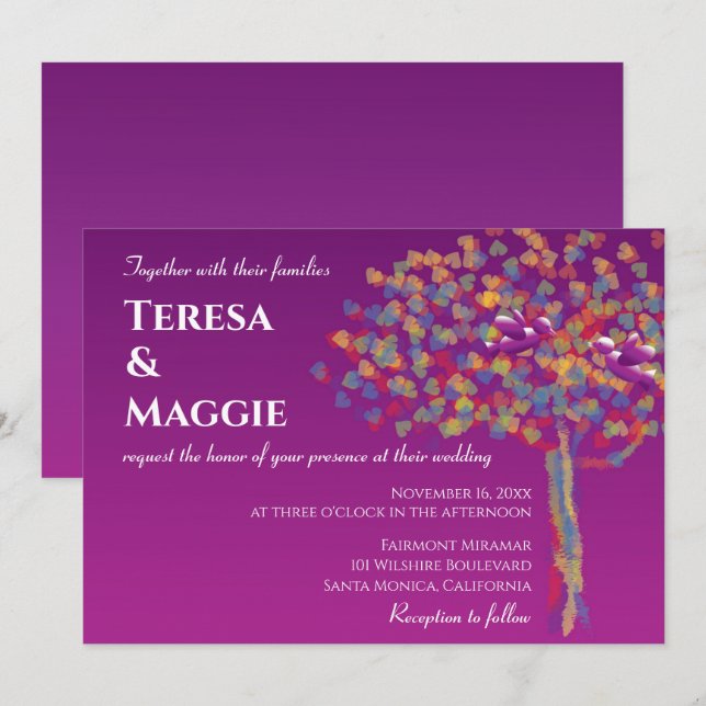 Elegant Lovebirds Cassis Purple Wedding Invitation (Front/Back)
