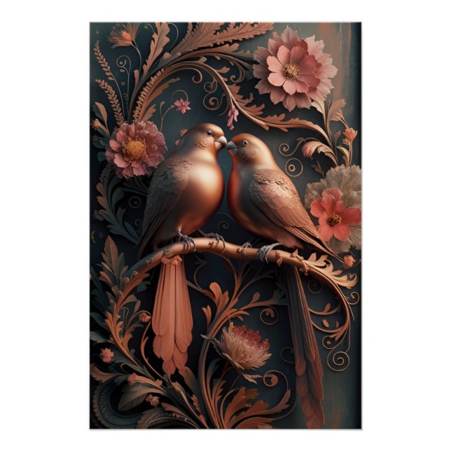 Elegant Lovebirds in Bronze 4K Detailed 3D Digital Poster (Front)