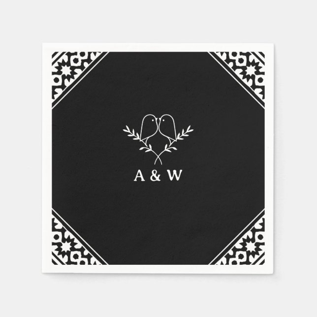 Elegant Lovebirds Monogram in Black an White Napkin (Front)