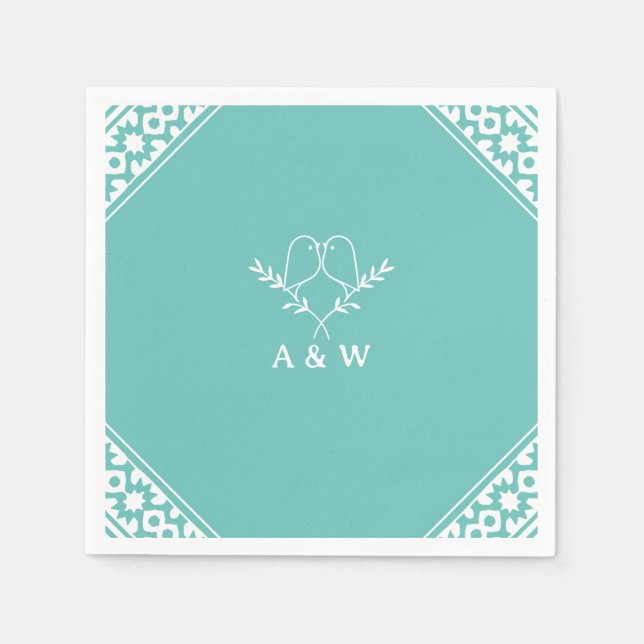 Elegant Lovebirds Monogram in Teal Napkin (Front)