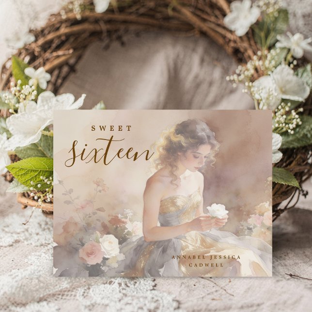 Elegant & Lovely Floral Sweet Sixteen Birthday  Announcement Postcard (Delicate Pastel Watercolor Young Woman in Golden and Gray Strapless Dress Design.)