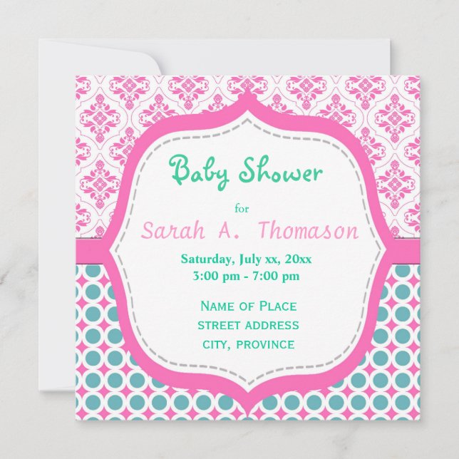 Elegant,  lovely pink, teal floral baby shower invitation (Front)