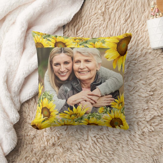 Elegant Lovely Rustic Sunflower Personalised Photo Cushion (Blanket)