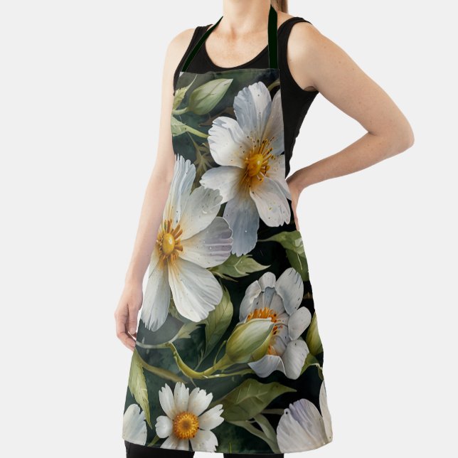 Elegant Lovely White Flowers Watercolor Chic Apron (Insitu)