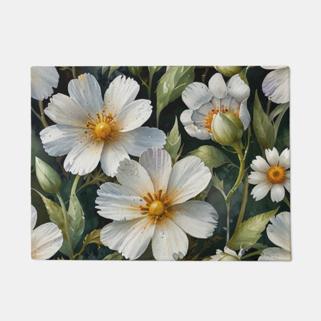 Elegant Lovely White Flowers Watercolor Chic Doormat (Front)