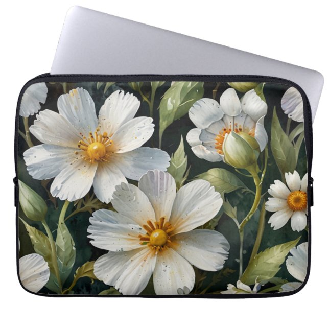 Elegant Lovely White Flowers Watercolor Chic Laptop Sleeve (Front)