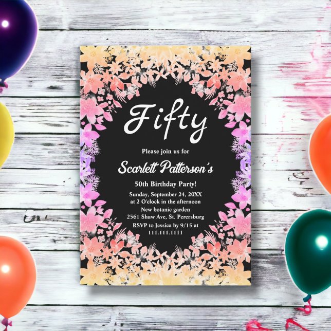 Elegant Luminous Roses Black Floral 50th Birthday Invitation (Creator Uploaded)